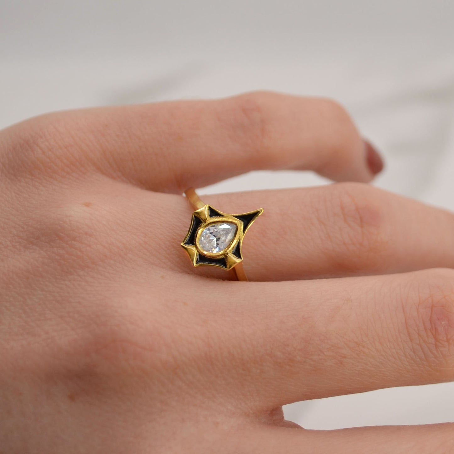 Pear Shaped Diamond & Black Enamel Ring