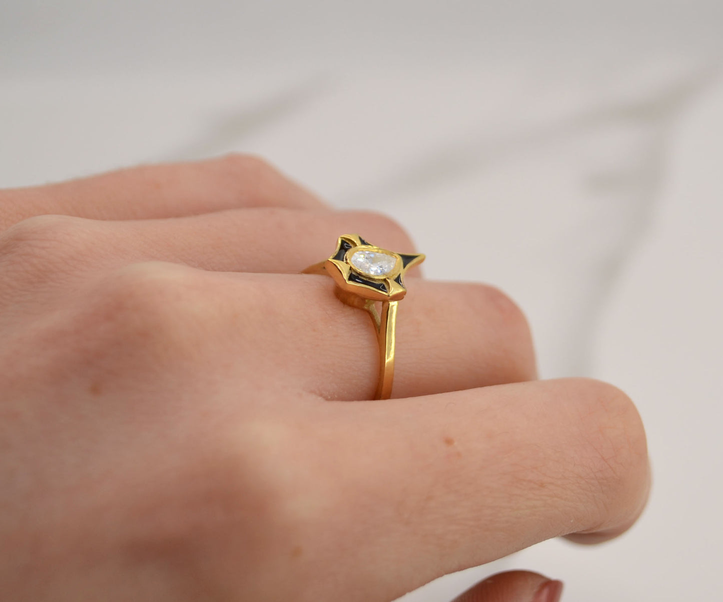 Pear Shaped Diamond & Black Enamel Ring