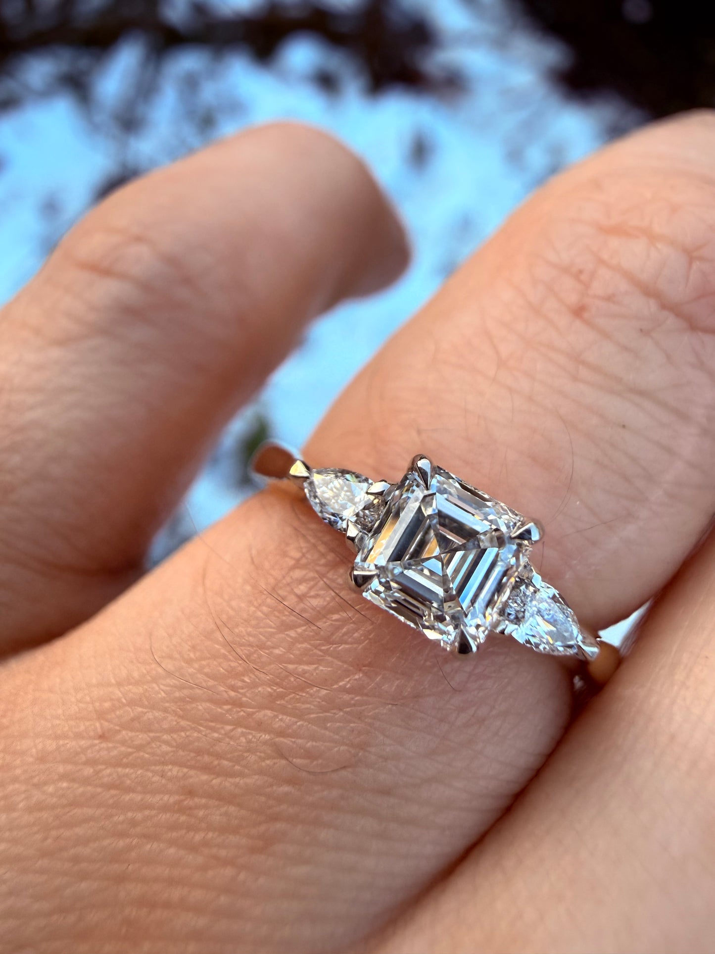 Asscher & Pear shape Diamond Trilogy Ring