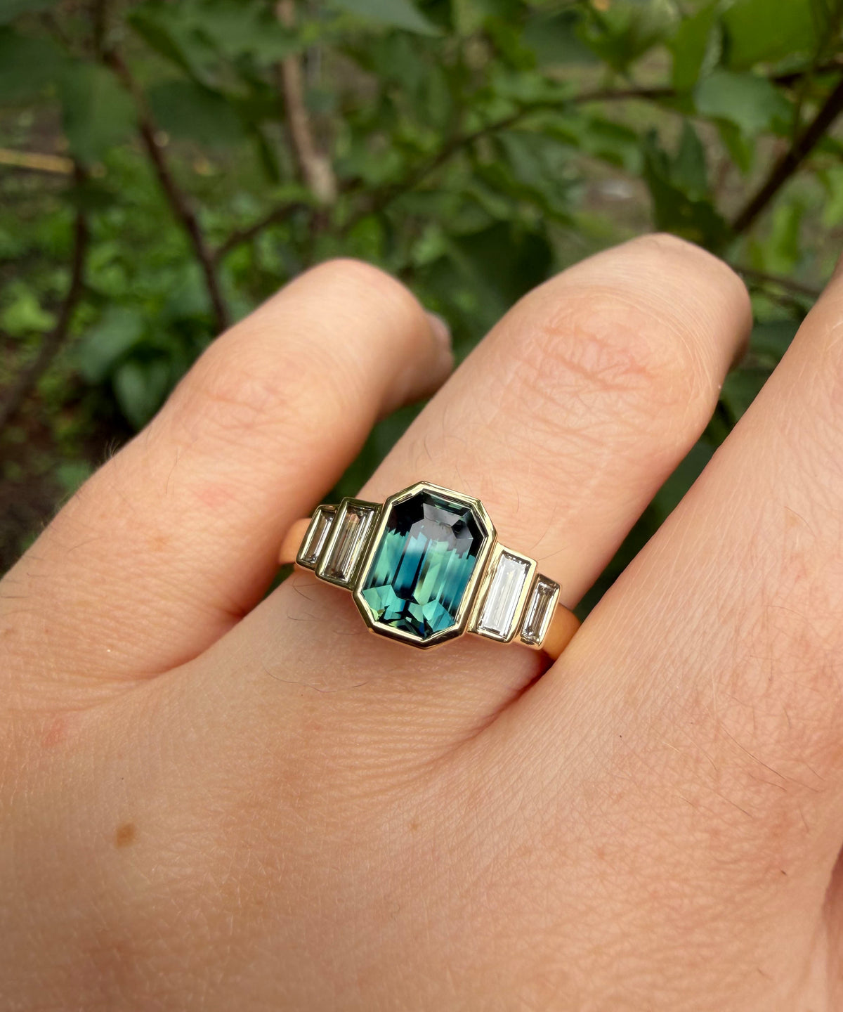 Green Sapphire & Diamond Rubover Ring