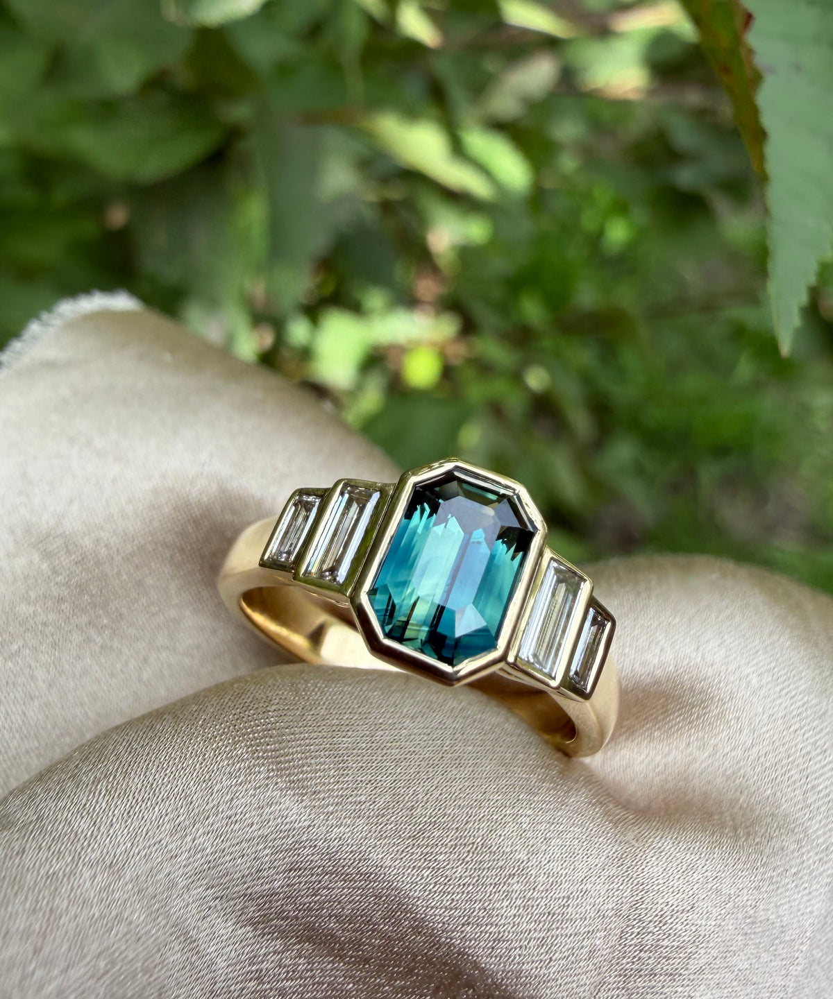 Green Sapphire & Diamond Rubover Ring