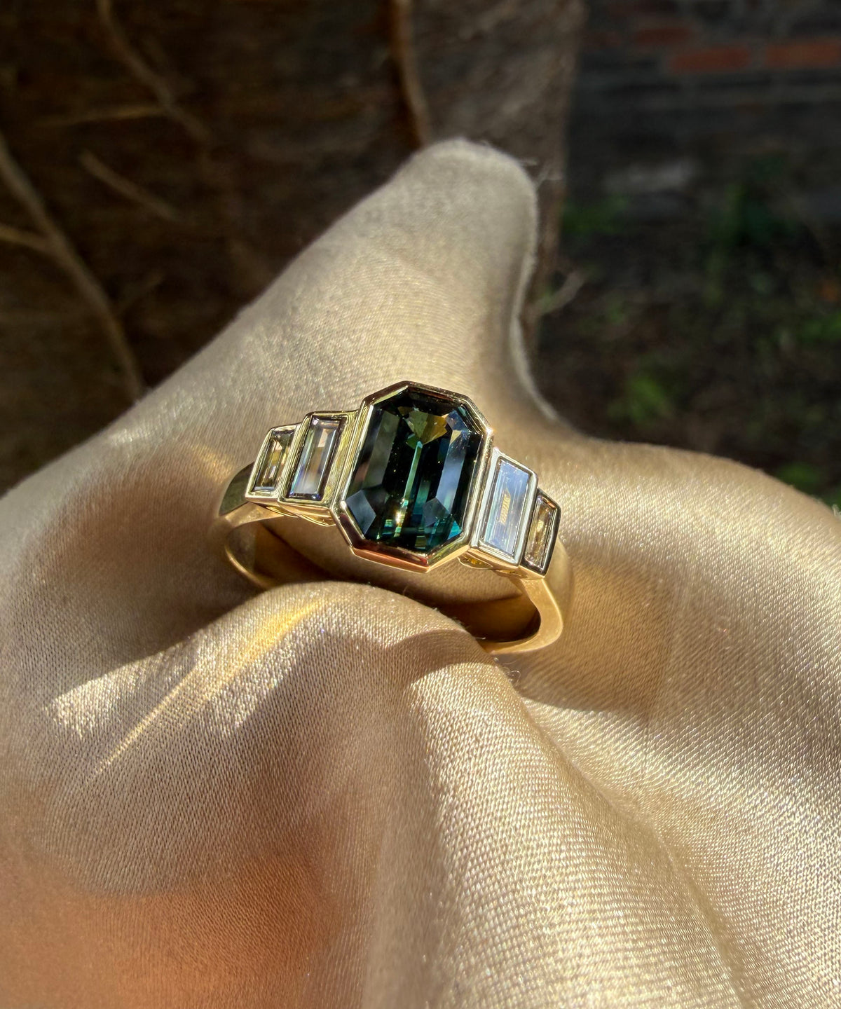 Green Sapphire & Diamond Rubover Ring
